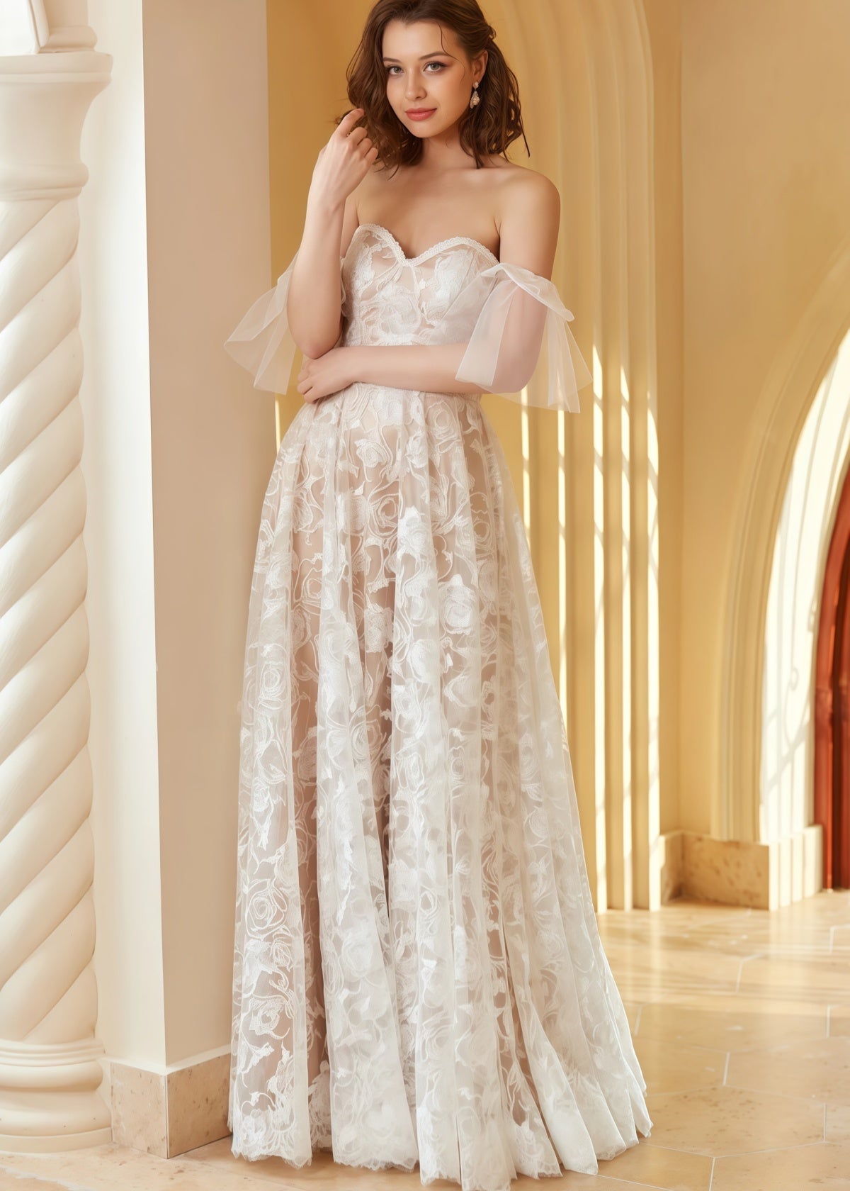 Ida | Beach A Line Off the Shoulder Lace White Wedding Dress with Backless - White - PROMDRESS Club