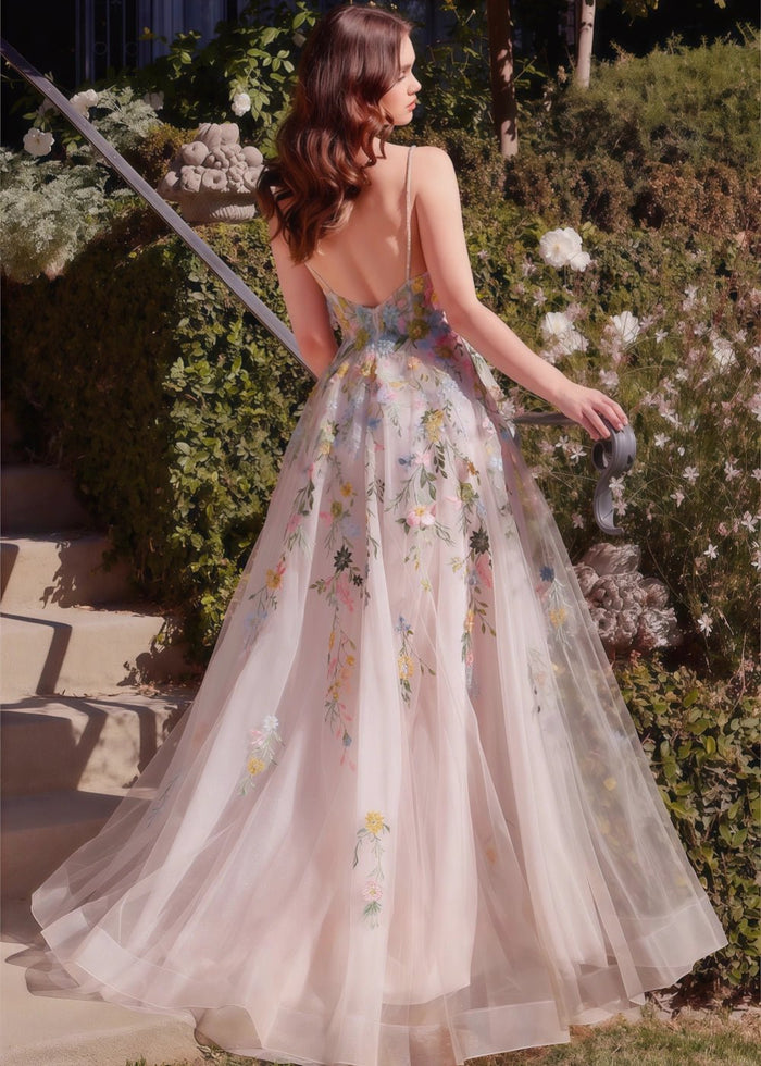 Imogen | Black Tie Ivory Floral Corset Wedding Guest Dress with Slit - Ivory Floral - PromDressClub