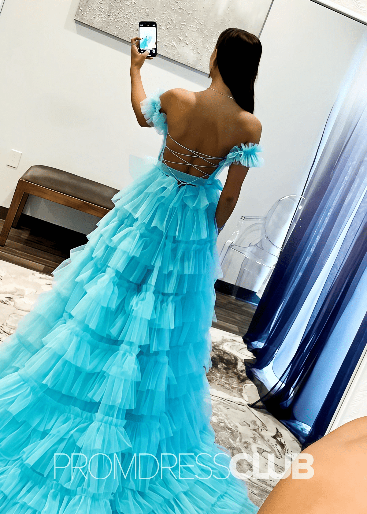 Ina | Appliqued Tiered Ruffles Royal Blue Tulle Maxi Prom Dress - Light Blue - PROMDRESS Club