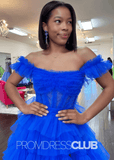 Ina | Appliqued Tiered Ruffles Royal Blue Tulle Maxi Prom Dress - Royal Blue - PROMDRESS Club