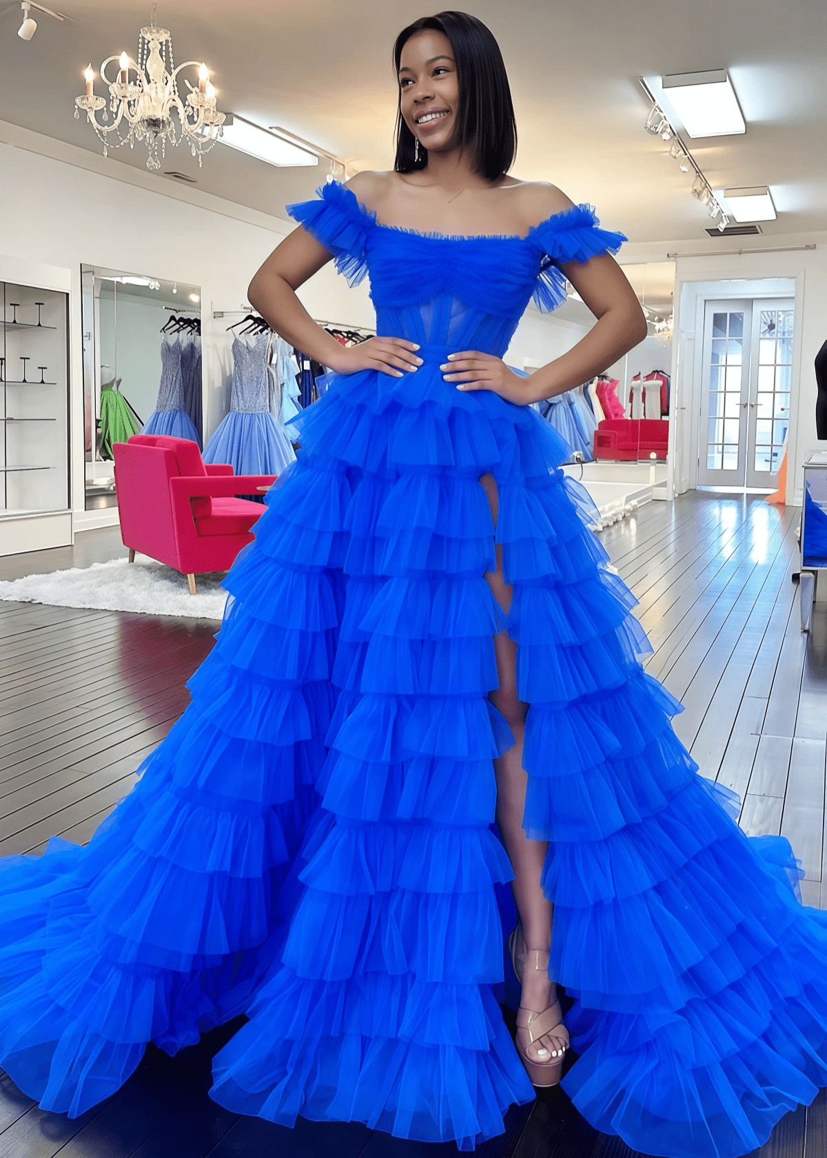 Ina | Appliqued Tiered Ruffles Royal Blue Tulle Maxi Prom Dress - Royal Blue - PROMDRESS Club