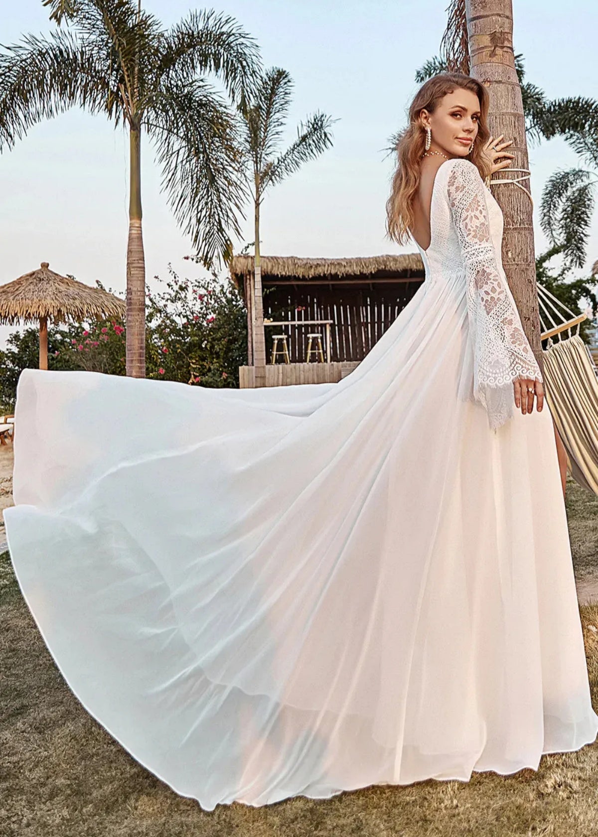 Ina | Boho Ivory Long Sleeve Wedding Dress with Slit - Ivory - PROMDRESS Club