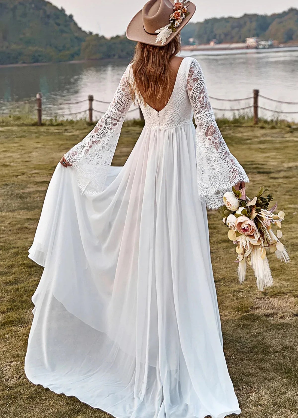 Ina | Boho Ivory Long Sleeve Wedding Dress with Slit - Ivory - PROMDRESS Club