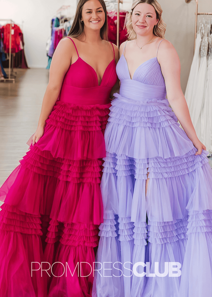 Ingrid | Tiered Pleats Ruffles Spaghetti Straps Red Tulle Prom Dress - Price #price_variant_lowest# - Hot Pink - PromDressClub