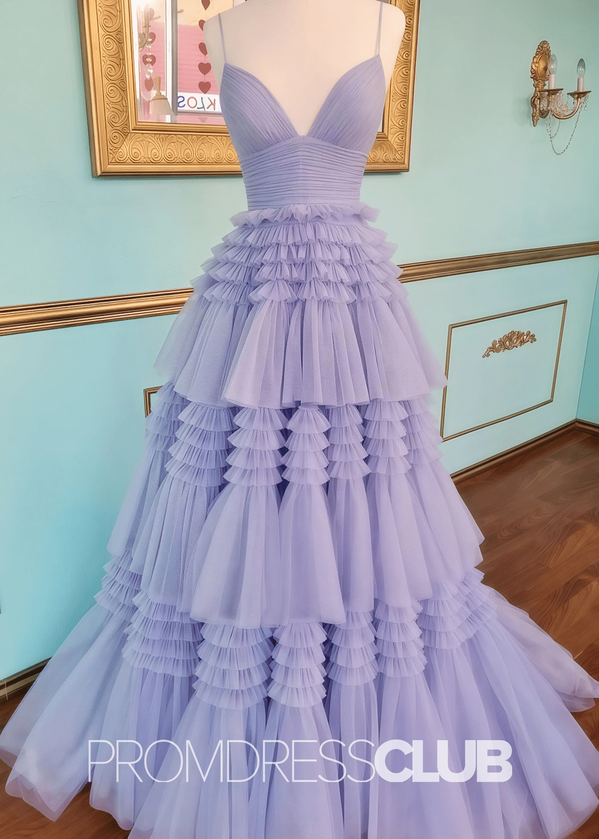 Ingrid | Tiered Pleats Ruffles Spaghetti Straps Red Tulle Prom Dress - Lavender - PROMDRESS Club