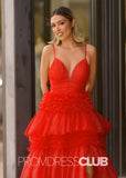 Ingrid | Tiered Pleats Ruffles Spaghetti Straps Red Tulle Prom Dress - Red - PROMDRESS Club