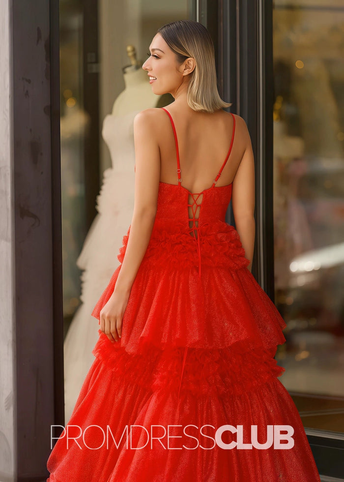 Ingrid | Tiered Pleats Ruffles Spaghetti Straps Red Tulle Prom Dress - Red - PromDressClub