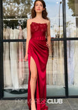 Irene |Long Burgundy Prom Dresses Websites With Strapless Mermaid Lace Side Slit - Burgundy - US0 - PromDressClub