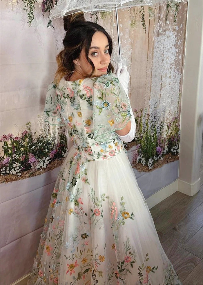 Irene | Stunning Elegant White Square Neck Floral Prom Dress with Sleeves - White Floral - PromDressClub