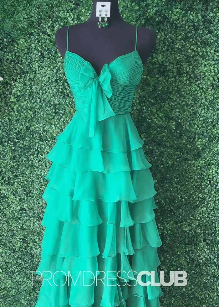 Iris | Tiered Ruffles Sweetheart Hot Pink Chiffon Prom Dress - Green - PromDressClub