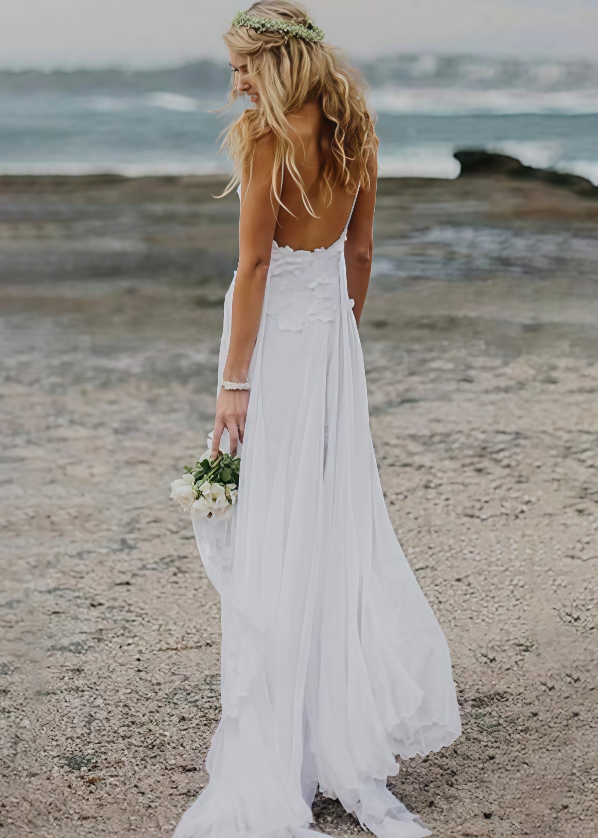 Irma | Elegant Spaghetti Straps Lace and Chiffon Beach Wedding Dress - White - PROMDRESS Club