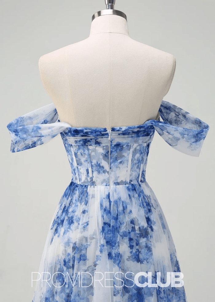 Irma | White Blue Flower Maxi Formal Dress - Price #price_variant_lowest# - Blue Floral - PromDressClub