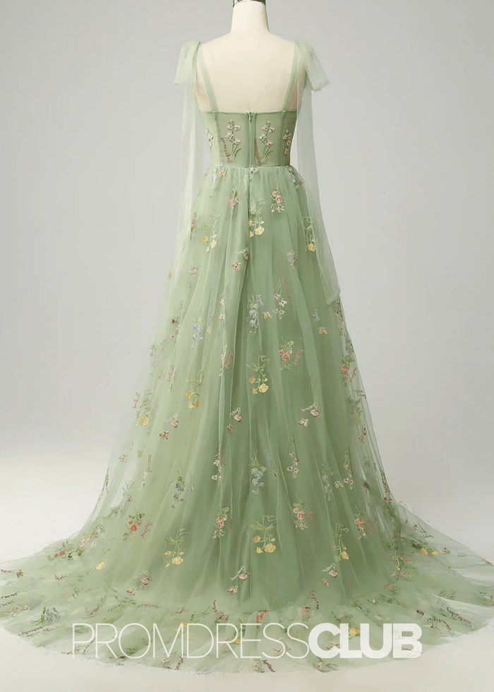 Isabel | Embroidery Corset Black Floral Long Prom Dress - Price #price_variant_lowest# - Sage Floral - PromDressClub