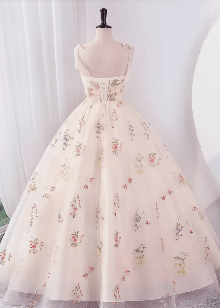 Isabel | Exquisite Elegant Champagne Floral Sweetheart Neck Corset Wedding Dress with Bow - Champagne Floral - PromDressClub