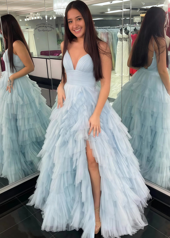 Isabel | A Line Hot Pink Ruffle Spaghetti Strap Corset Tulle Formal Dress with Slit - Light Blue - PromDressClub