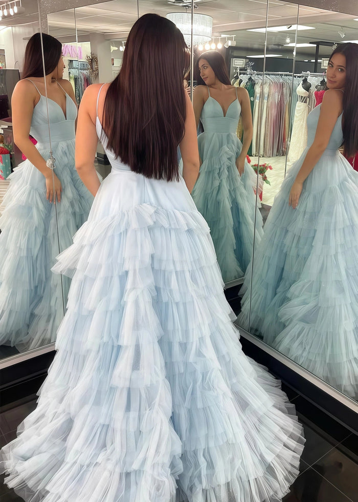 Isabel | A Line Hot Pink Ruffle Spaghetti Strap Corset Tulle Formal Dress with Slit - Light Blue - PromDressClub