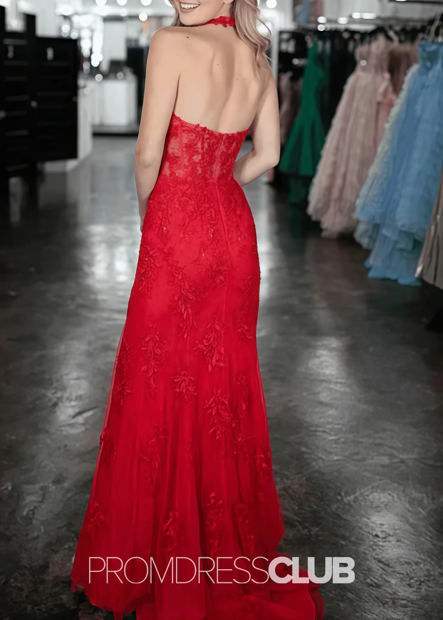 Isabel |Red Prom Dresses Websites With Long Halter V Neck Backless Mermaid High Slit - Red - US0 - PromDressClub