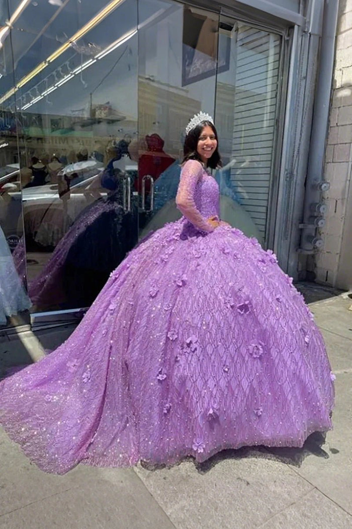 Isabella | Luxurious Purple Quince Dresses with Sparkling Long Sleeves and Glitter Details - Light Purple - PromDressClub