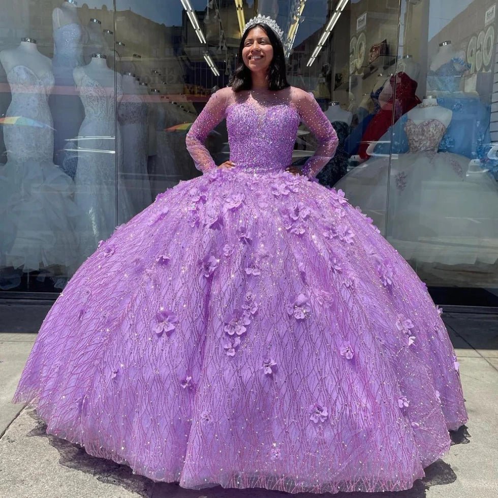 Isabella | Luxurious Purple Quince Dresses with Sparkling Long Sleeves and Glitter Details - Light Purple - PromDressClub