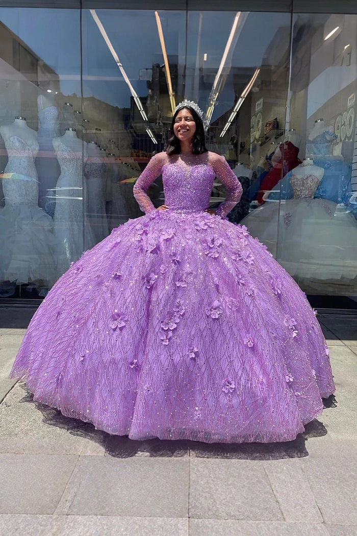 Isabella | Luxurious Purple Quince Dresses with Sparkling Long Sleeves and Glitter Details - Light Purple - PromDressClub