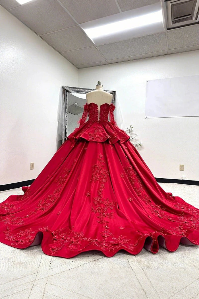Isabelle | Stunning Long Sleeve Red Quince Dresses with Luxurious Satin Details - Red - PromDressClub