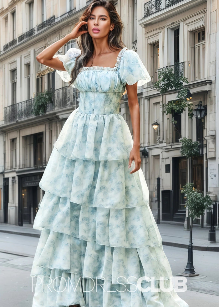 Jacqueline | Tiered Corset Light Blue Floral Long Formal Dress with Ruffles - Price #price_variant_lowest# - Light Blue Floral - PromDressClub