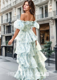 Jacqueline | Tiered Corset Light Blue Floral Long Formal Dress with Ruffles - Light Blue Floral - PROMDRESS Club