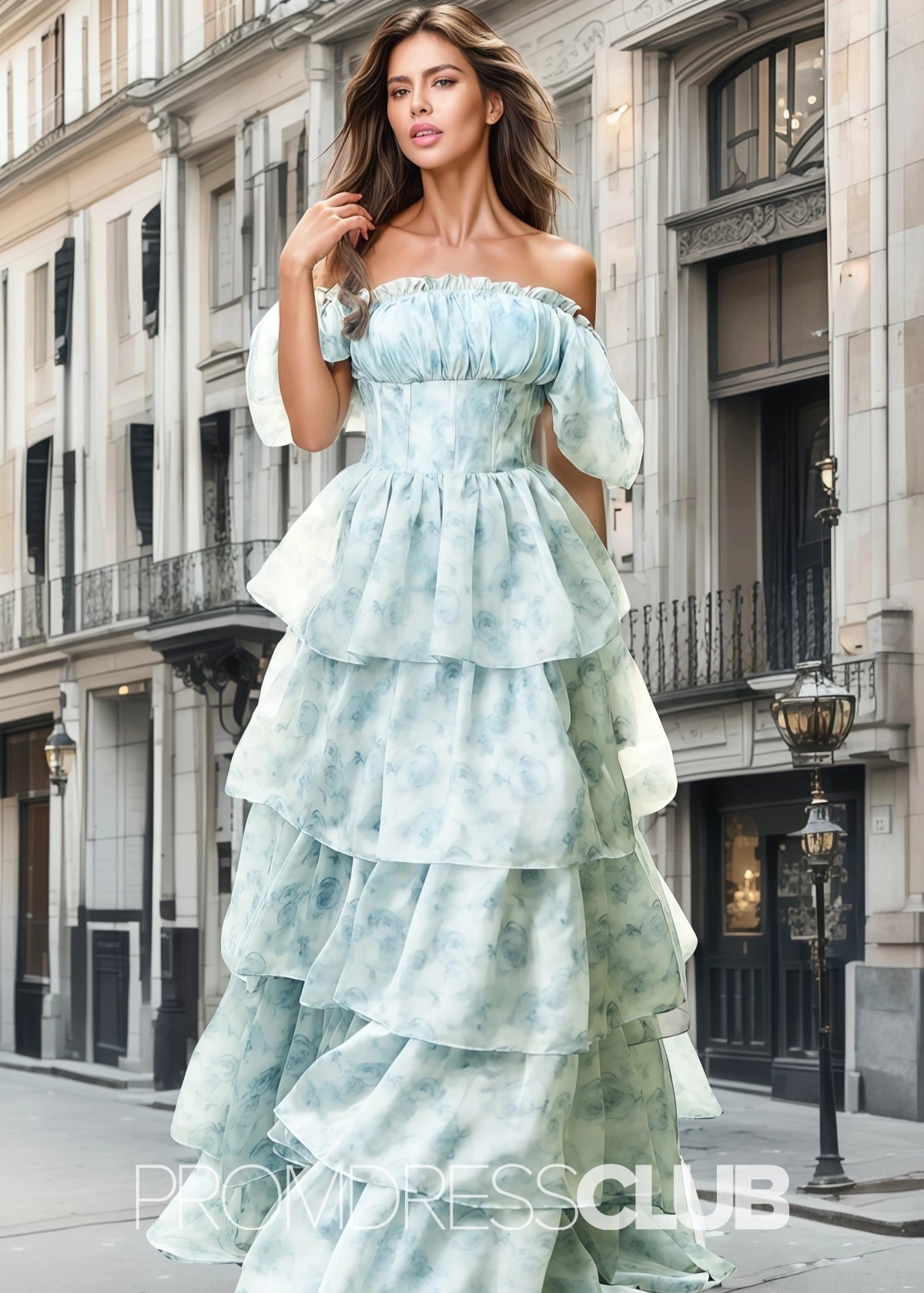 Jacqueline | Tiered Corset Light Blue Floral Long Formal Dress with Ruffles - Light Blue Floral - PROMDRESS Club