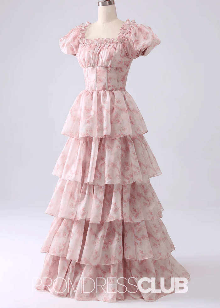 Jacqueline | Tiered Corset Light Blue Floral Long Formal Dress with Ruffles - Price #price_variant_lowest# - Pink Floral - PromDressClub