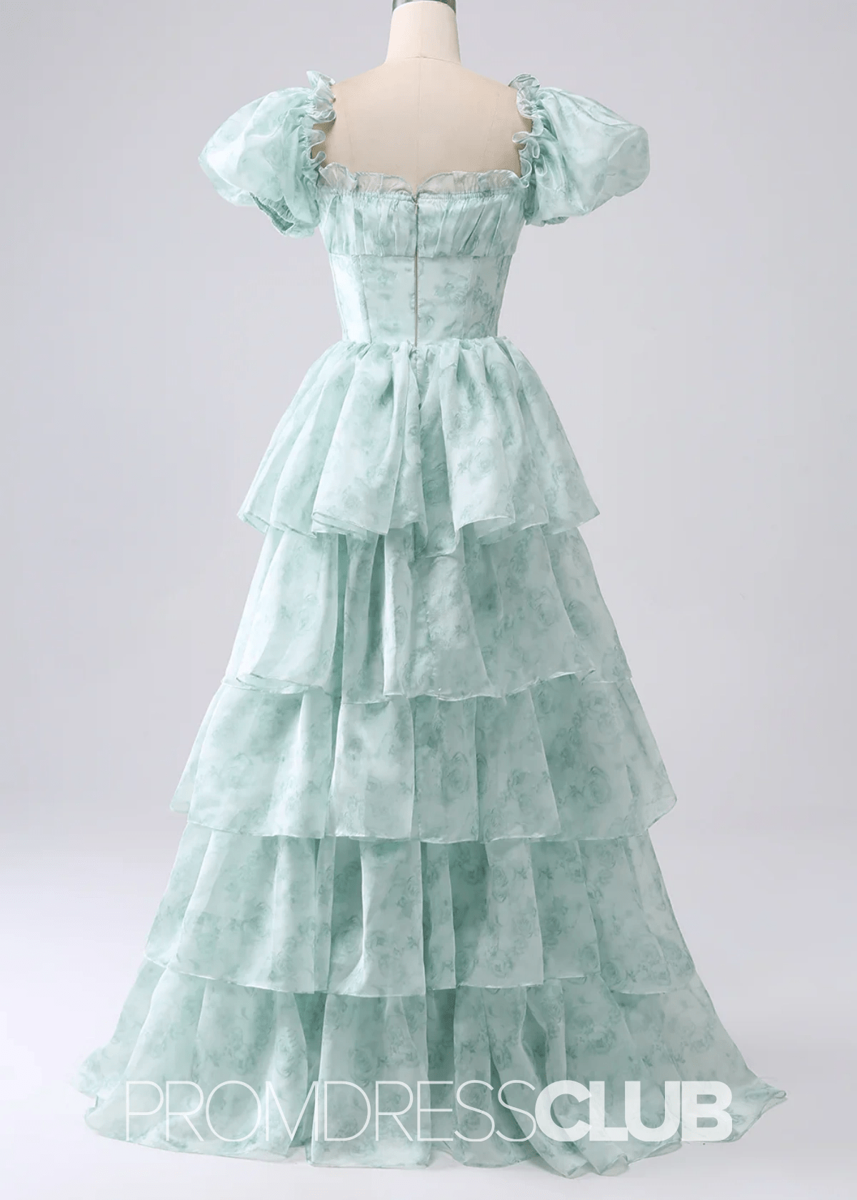 Jacqueline | Tiered Corset Light Blue Floral Long Formal Dress with Ruffles - Sage Floral - PROMDRESS Club