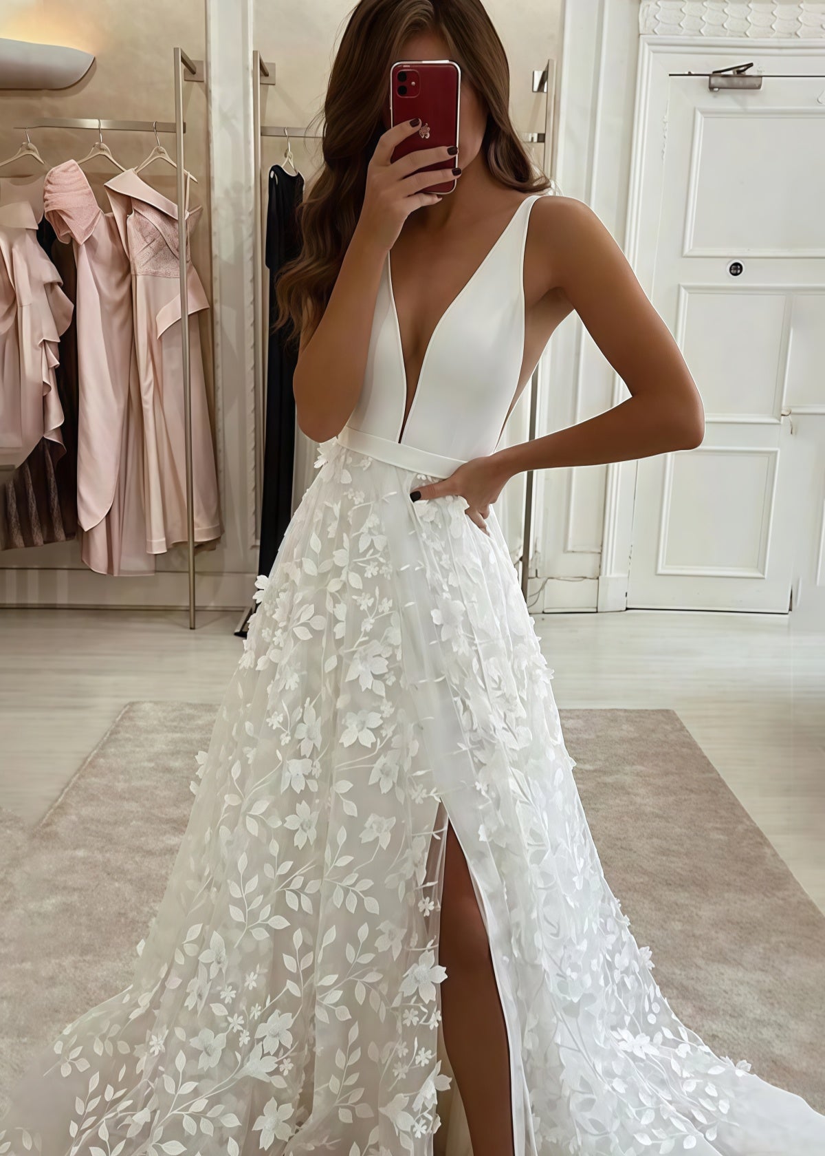 Jamie | Elegant V Neck Sleeveless White Wedding Dress with 3D Floral Appliques - White - PROMDRESS Club