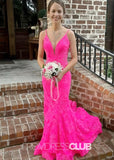 Jamie |Hot Pink Long Prom Dresses Near Me With Mermaid Strapless Trumpet Lace Open Back - Hot Pink - US0 - PromDressClub