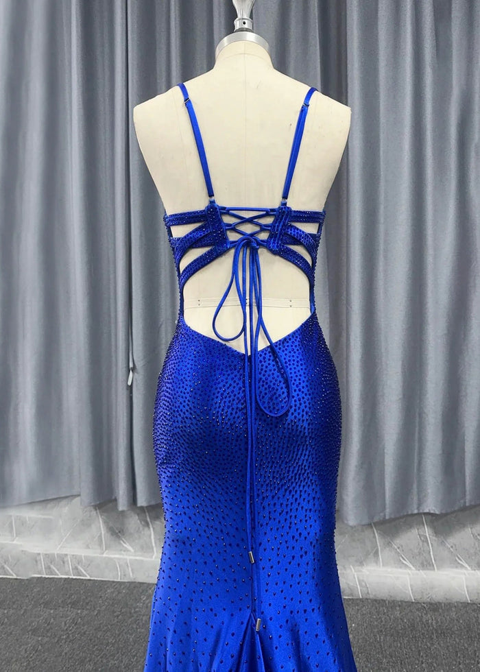 Jamie | Mermaid Royal Blue V Neck Spaghetti Strap Beaded Formal Dress with Slit - Royal Blue - PromDressClub