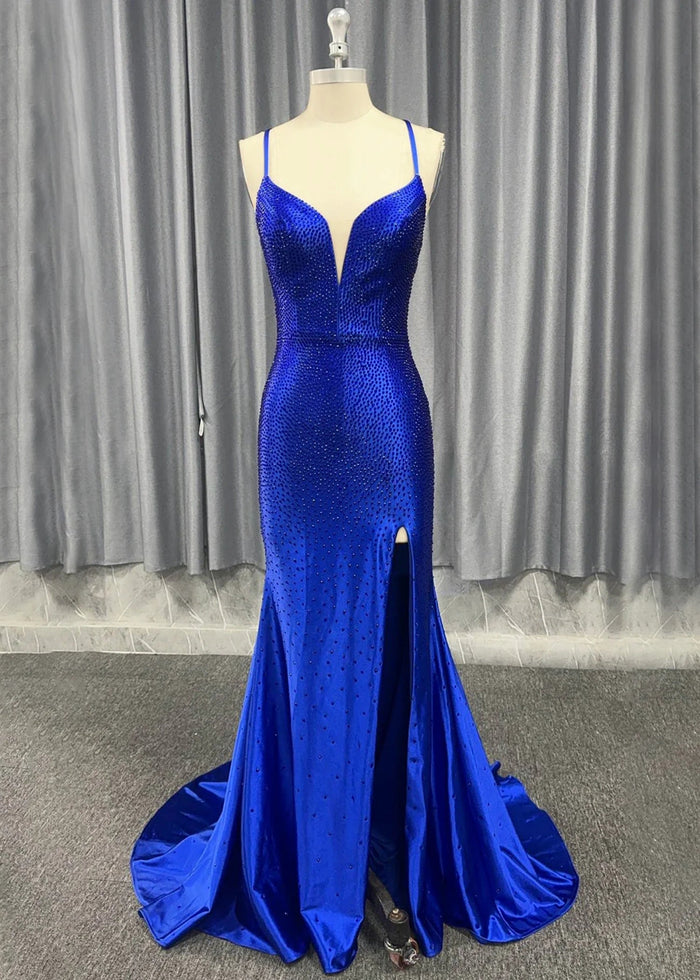 Jamie | Mermaid Royal Blue V Neck Spaghetti Strap Beaded Formal Dress with Slit - Royal Blue - PromDressClub