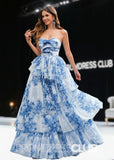 Jamie | Strapless Tiered White Blue Flower Long Prom Dress - Blue Floral - PROMDRESS Club