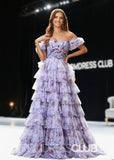 Jane | A Line Lavender Floral Long Prom Dress with Ruffles - Lavender Floral - PROMDRESS Club