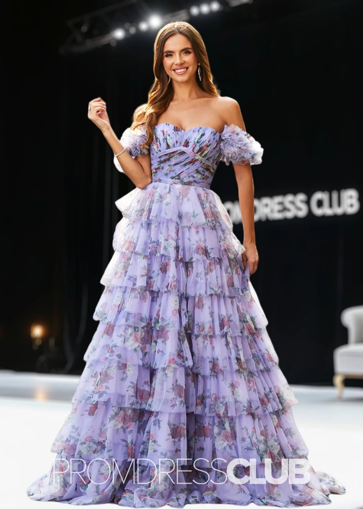 Jane | A Line Lavender Floral Long Prom Dress with Ruffles - Lavender Floral - PROMDRESS Club