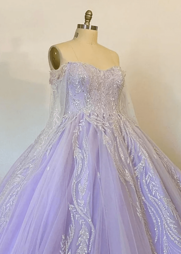 Jane | Exquisite Purple Quince Dresses with Long Sleeves and Beaded Details - Lavender - PromDressClub