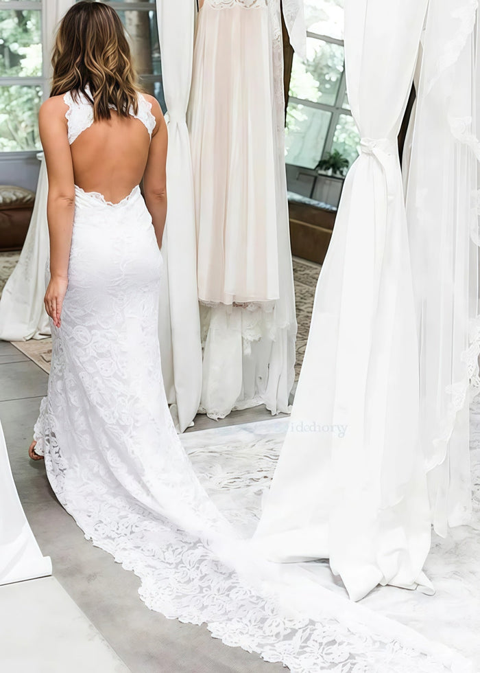 Jane | Mermaid Halter Neck Lace Backless High Low Hem Wedding Dress - White - PromDressClub