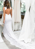 Jane | Mermaid Halter Neck Lace Backless High Low Hem Wedding Dress - White - PROMDRESS Club