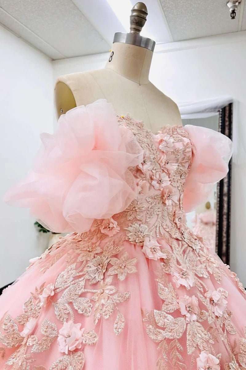 Janet | Dreamy Pink Quince Dresses with Floral Sleeve Elegance - Light Pink - PromDressClub