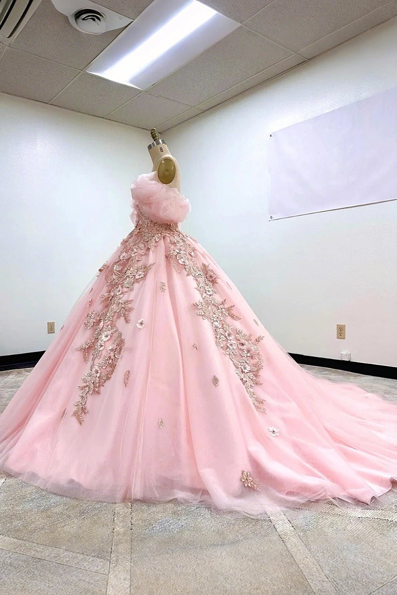 Janet | Dreamy Pink Quince Dresses with Floral Sleeve Elegance - Light Pink - PromDressClub