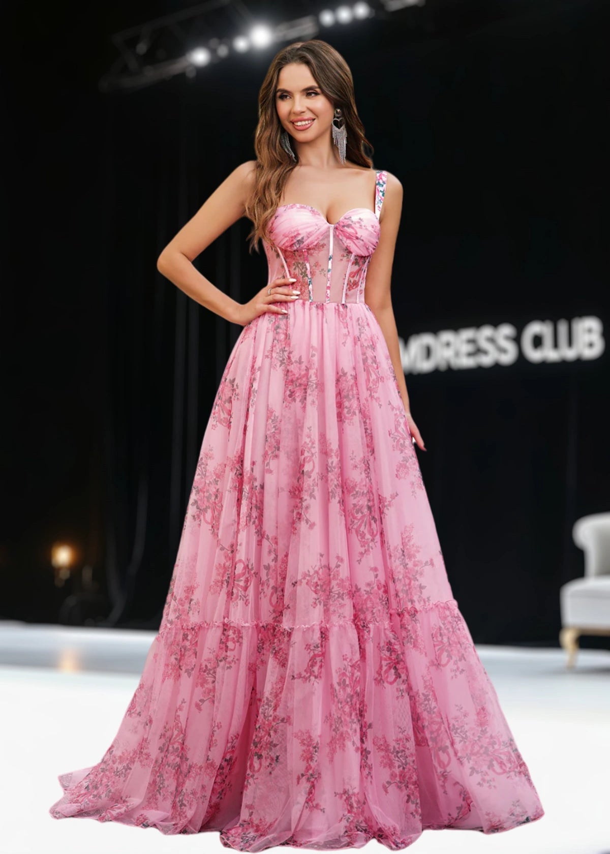 Janet | Pink Floral Sweetheart Pleated Long Prom Dress - Pink Floral - PROMDRESS Club