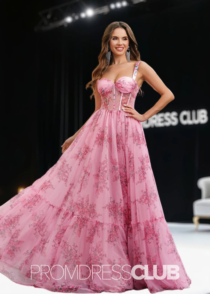 Janet | Pink Floral Sweetheart Pleated Long Prom Dress - Price #price_variant_lowest# - Pink Floral - PromDressClub