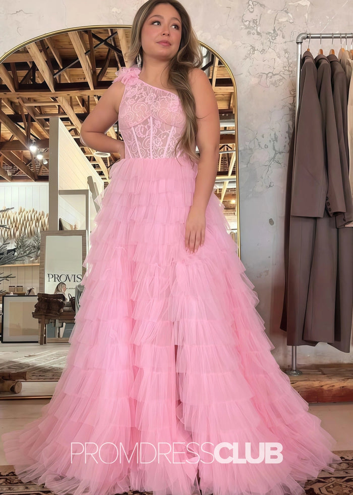 Janice |Black Long Prom Dresses Near Me With One Shoulder Lace A Line Tiered Ruffles High Slit - Price #price_variant_lowest# - Pink - PromDressClub