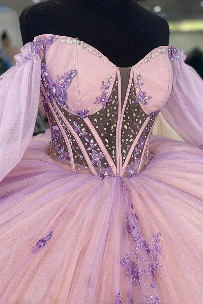 Janice | Elegant Pink Quince Dresses with Floral Long Sleeve Detailing - Light Pink - PromDressClub