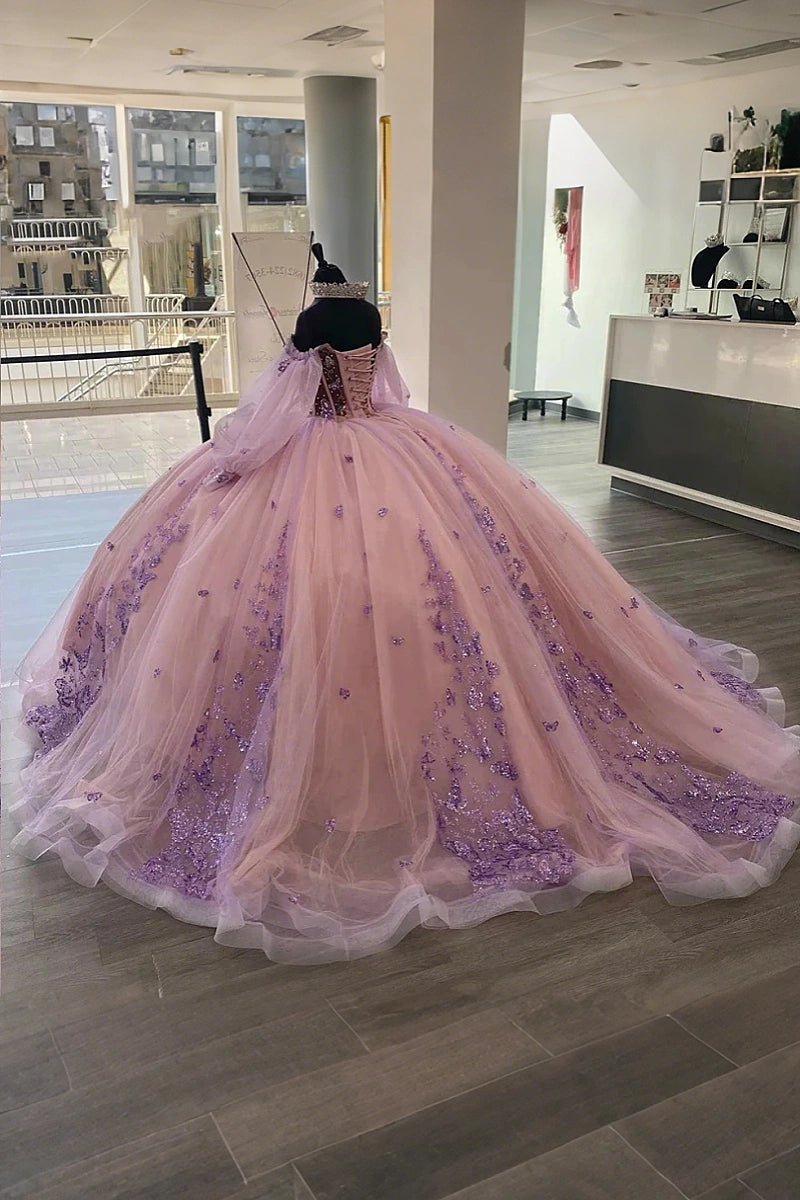 Janice | Elegant Pink Quince Dresses with Floral Long Sleeve Detailing - Light Pink - PromDressClub