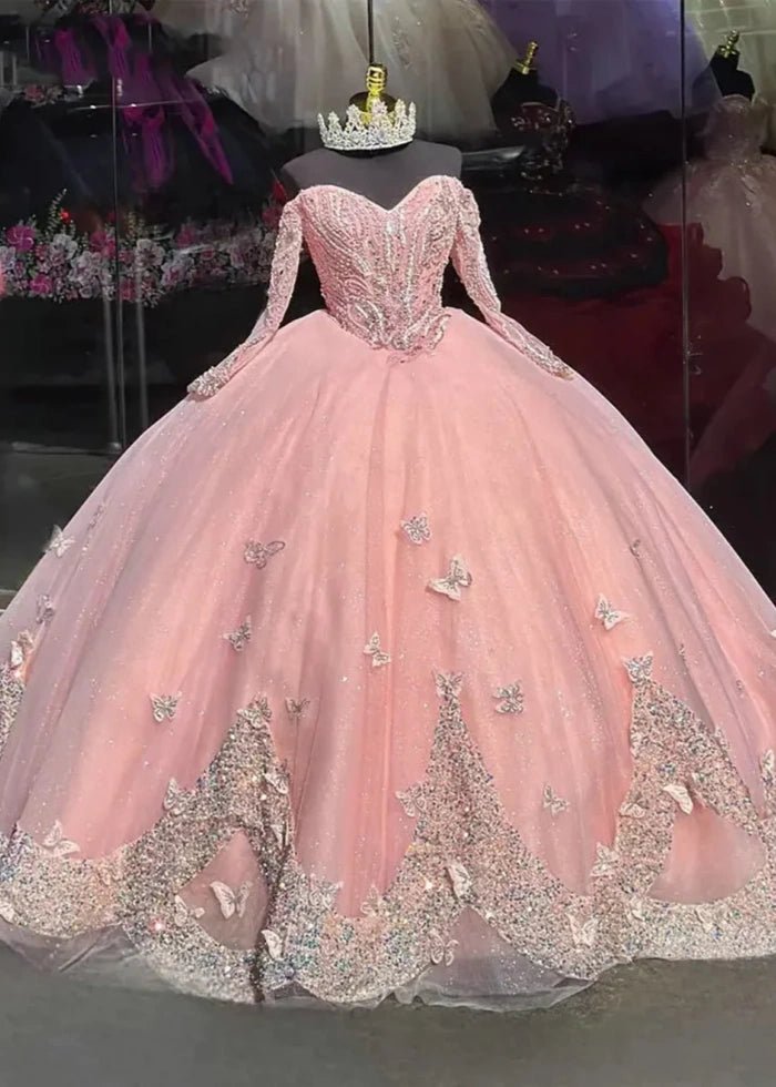 Janice | Gorgeous Pink Long Sleeve Quinceanera Dress with Butterflies for Memorable Celebrations - Pink - PromDressClub