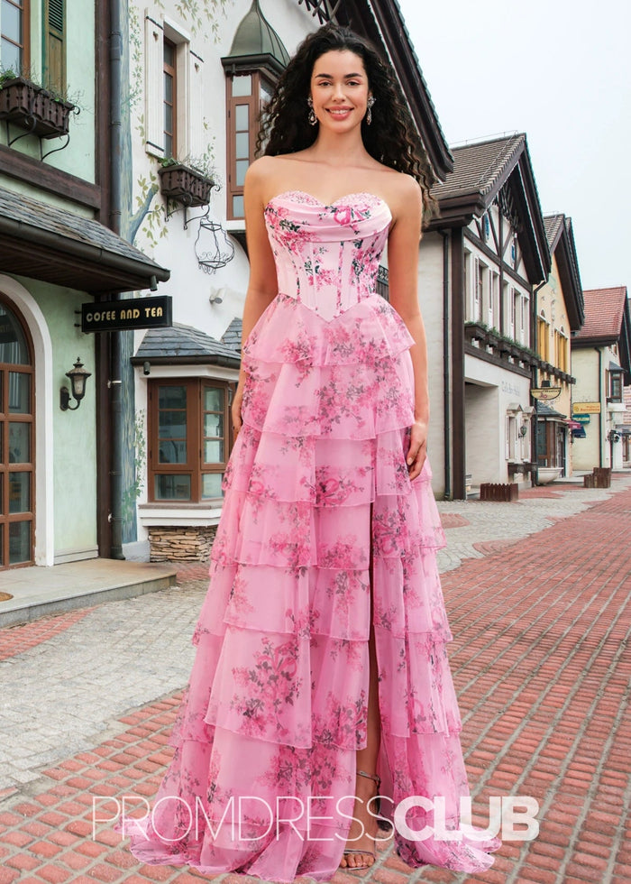 Janice | Strapless Corset Pink Floral Long Prom Dress - Price #price_variant_lowest# - Blush Floral - PromDressClub
