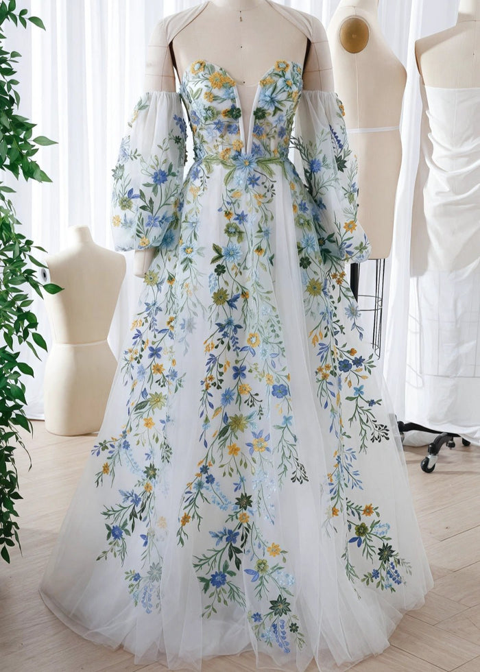 Jasmine | Gorgeous White Floral Strapless Long Sleeve Wedding Dress with Detachable Sleeves - White Floral - PromDressClub